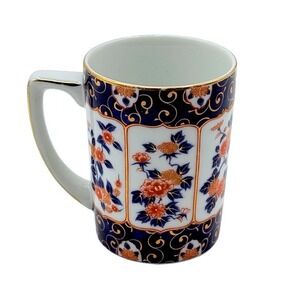 Vintage Kutani Japan Imari Style Floral Porcelain Mug Blue Orange Gold Trim